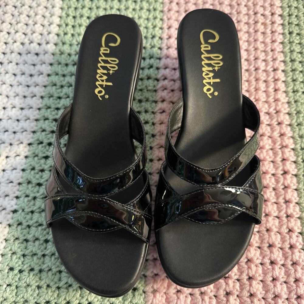 Callisto Women’s Size 11 Black Patent Wedge Sandals Classic Party Wedding Summer